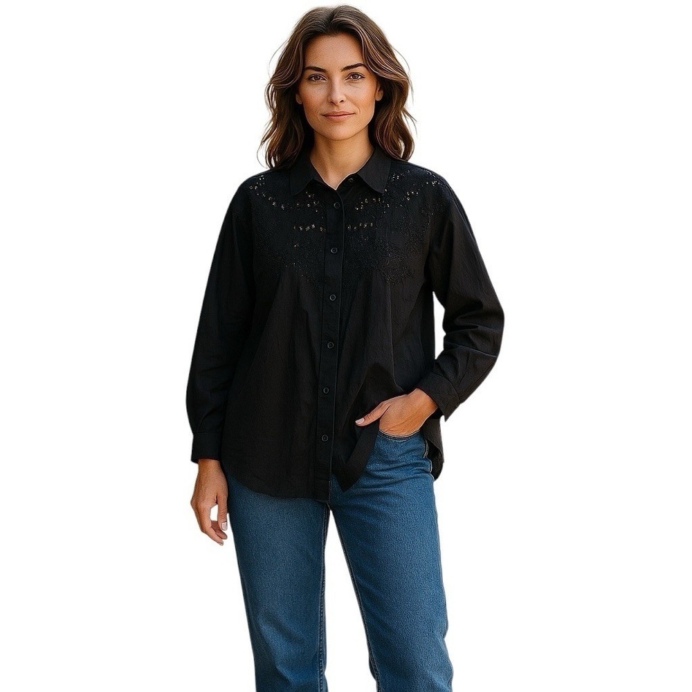 SURYA Black Eyelet Embroidery Beaded Top Shirt L Button-Up Long Sleeve Blouse
